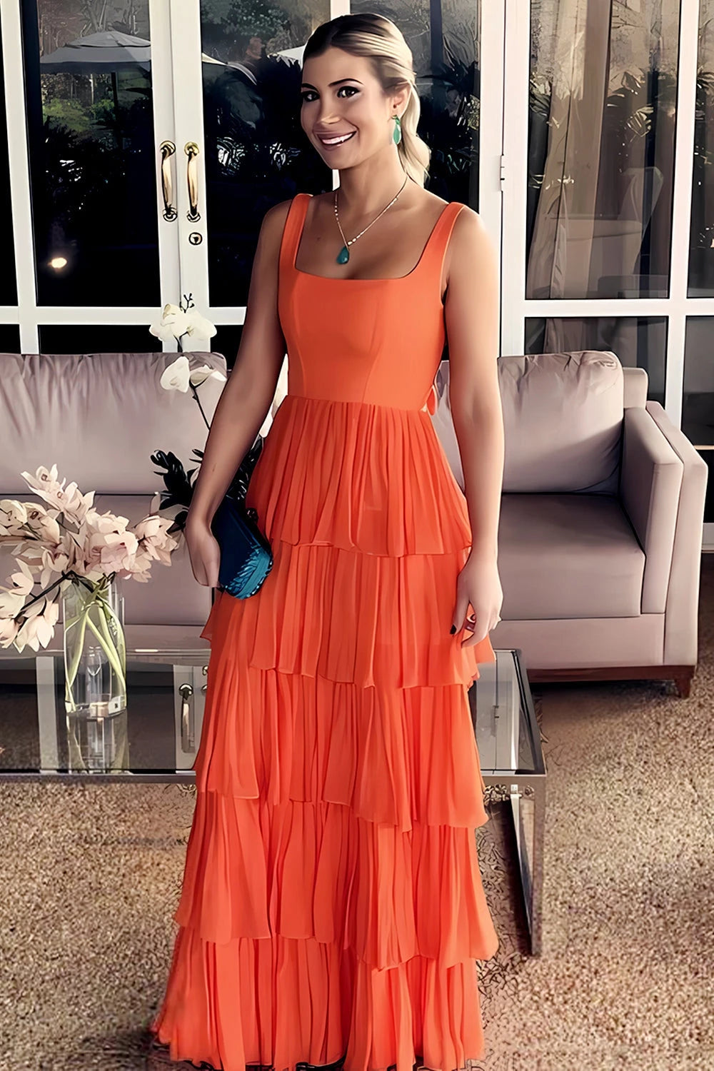 Gorgeous A Line Square Neck Chiffon Orange Long Lace Up Floor Length Evening Dress Party Dresses Prom Dresses