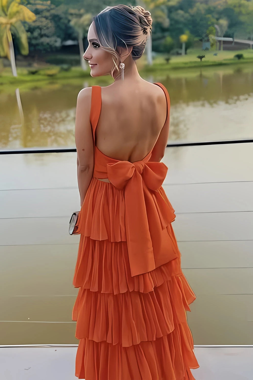 Gorgeous A Line Square Neck Chiffon Orange Long Lace Up Floor Length Evening Dress Party Dresses Prom Dresses