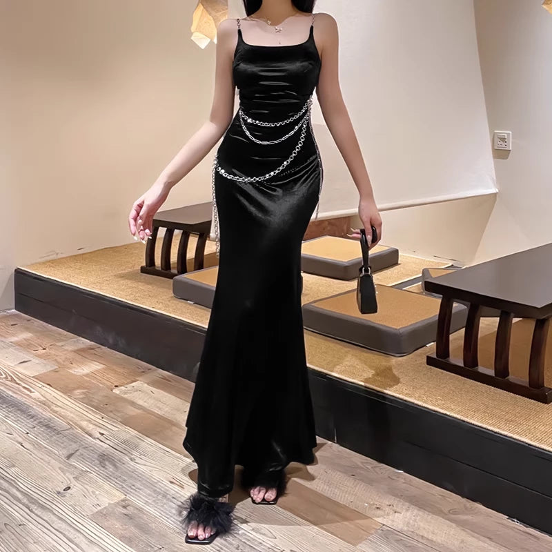 Gorgeous Black Spaghetti Strap Waist Chain Mermaid Long Prom Dress Party Dress Cocktail Dress Homecoming Dress Evening Dress