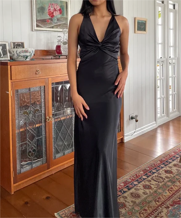 Gorgeous Black V Neck Backless Simple Satin Floor length Prom Dress Party Dress Cocktail Dress Homecoming Dress Evening Dress