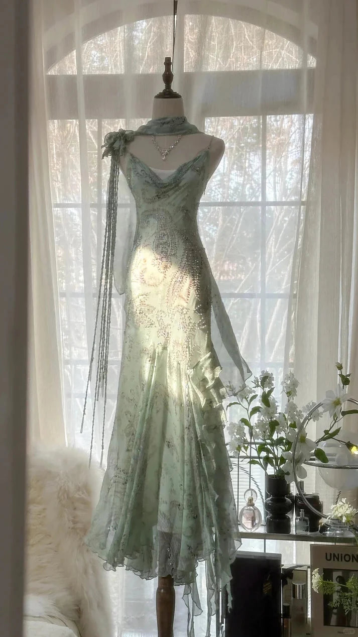 Gorgeous Light Green Cowl Neck Glittering Beaded Spaghetti Strap Chiffon Mermaid Prom Dress Party Dress Cocktail Dress Homecoming Dress Evening Dress