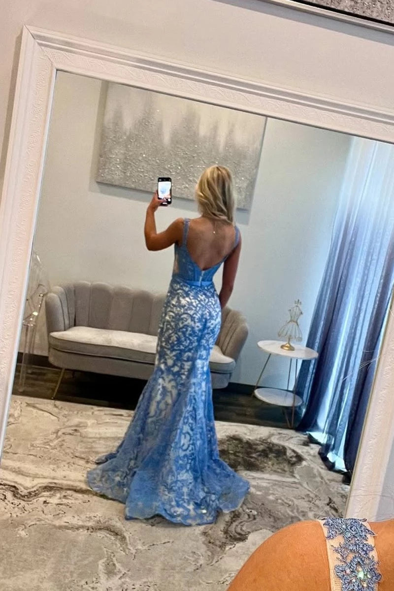 Gorgeous Mermaid Scoop Neck Lace Fabric Blue Lace Sleeveless  Lace-Up Back Appliqued Beading Party Dresses Homecoming Dress Prom Dress