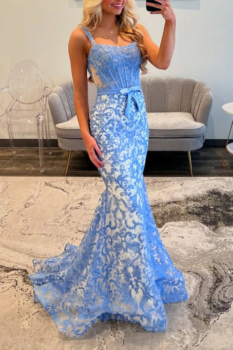 Gorgeous Mermaid Scoop Neck Lace Fabric Blue Lace Sleeveless  Lace-Up Back Appliqued Beading Party Dresses Homecoming Dress Prom Dress