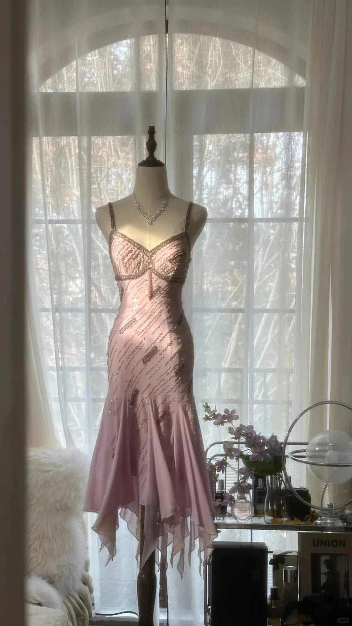 Gorgeous Pink Sweetheart Glittering Beaded Spaghetti Strap Chiffon Mermaid  Prom Dress Party Dress Cocktail Dress Homecoming Dress Evening Dress