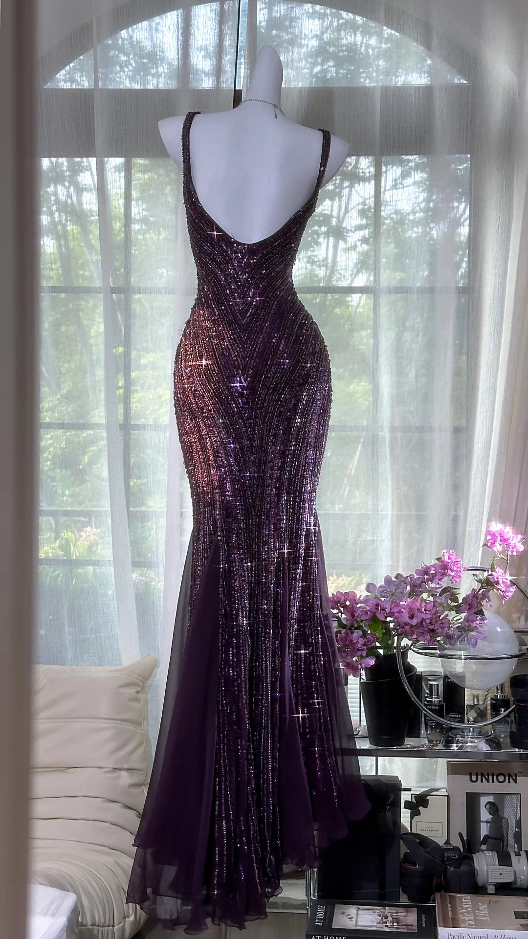 Gorgeous Purple Beaded Sequin V-neck Mermaid Elegant Chiffon Prom Dress Party Dress Cocktail Dress Homecoming Dress Evening Dress