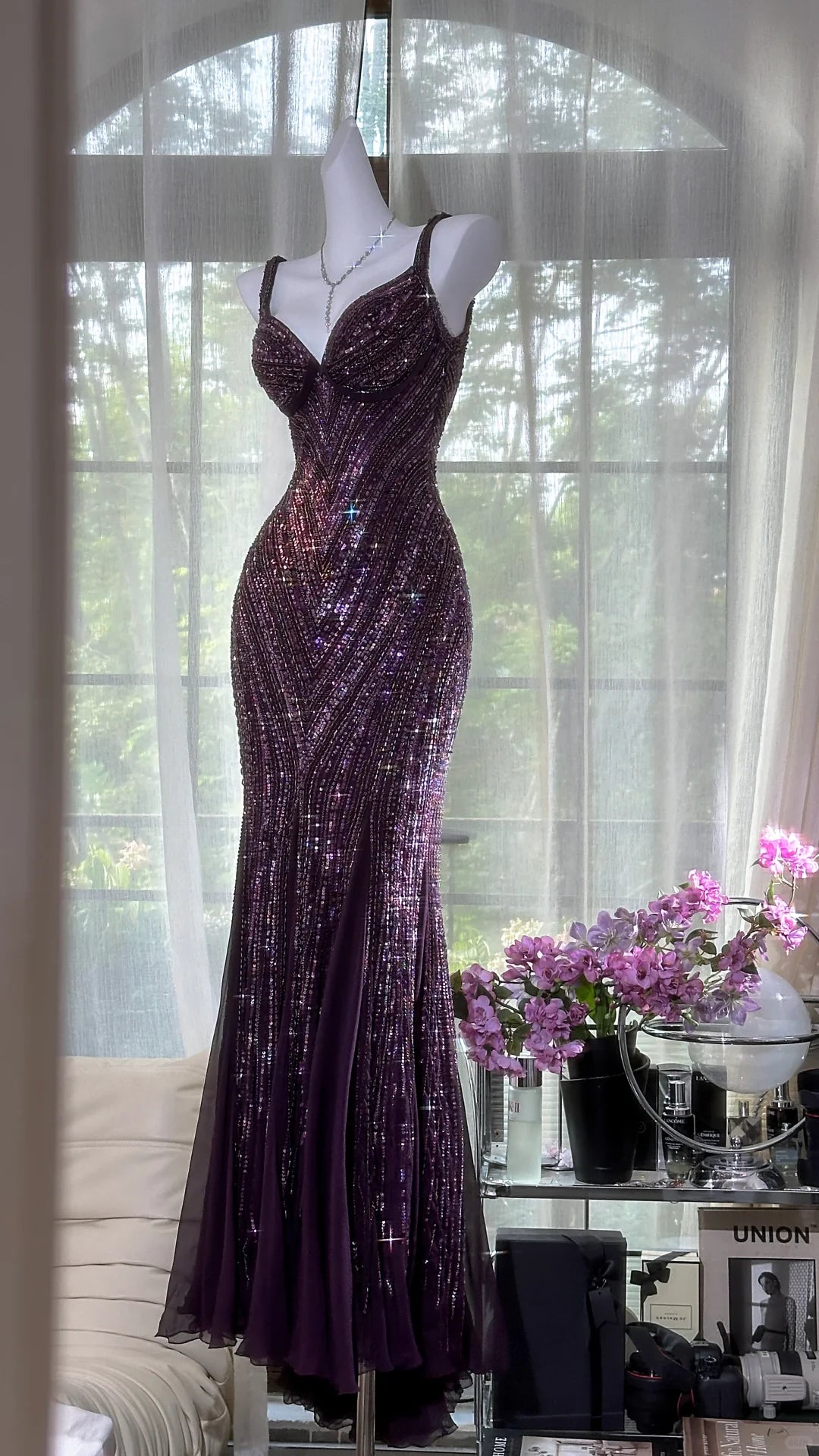 Gorgeous Purple Beaded Sequin V-neck Mermaid Elegant Chiffon Prom Dress Party Dress Cocktail Dress Homecoming Dress Evening Dress