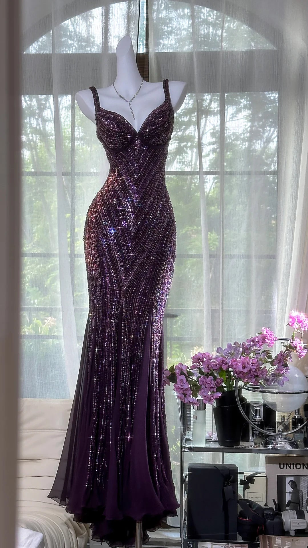 Gorgeous Purple Beaded Sequin V-neck Mermaid Elegant Chiffon Prom Dress Party Dress Cocktail Dress Homecoming Dress Evening Dress