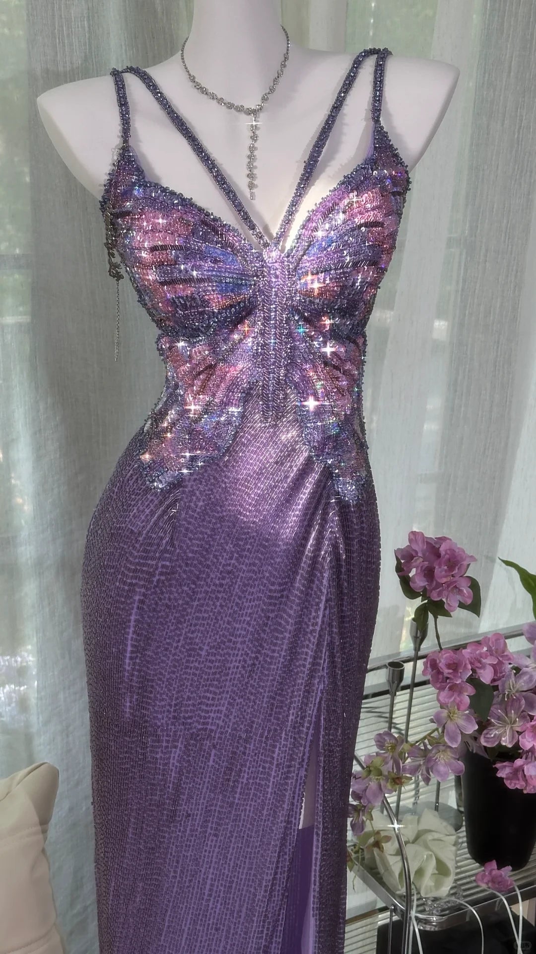 Gorgeous Purple Shiny Beaded Butterflies Pattern Spaghetti Strap Sheath High Slit Prom Dress Party Dress Cocktail Dress Homecoming Dress Evening Dress