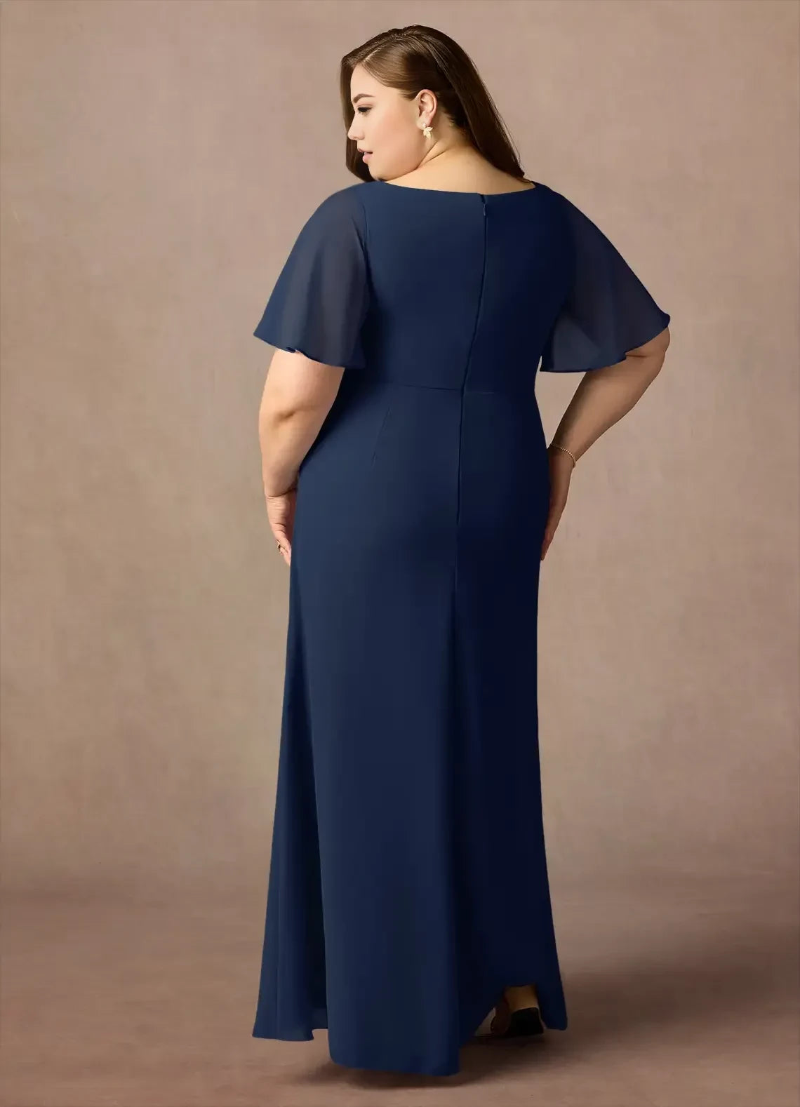 Graceful A Line Boat Neck Flutter Sleeve Zipper Back Plus Size Floor Length Mother of the Bride Dress