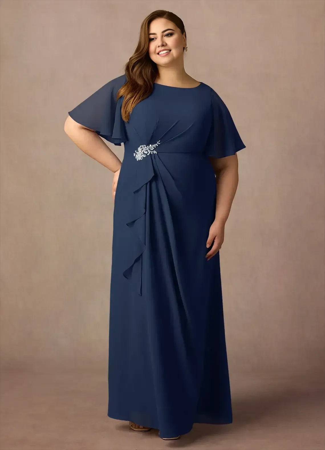 Graceful A Line Boat Neck Flutter Sleeve Zipper Back Plus Size Floor Length Mother of the Bride Dress