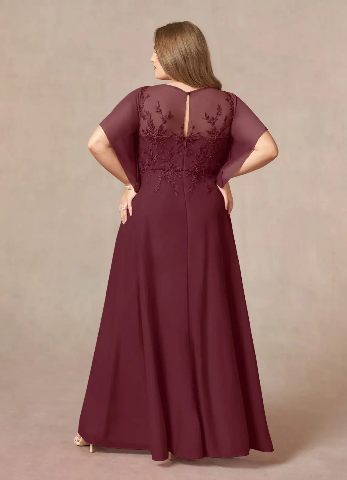 Graceful A Line Crew Neck Chiffon Flutter Sleeve Embroidered Back Plus Size Floor Length Mother of the Bride Dress