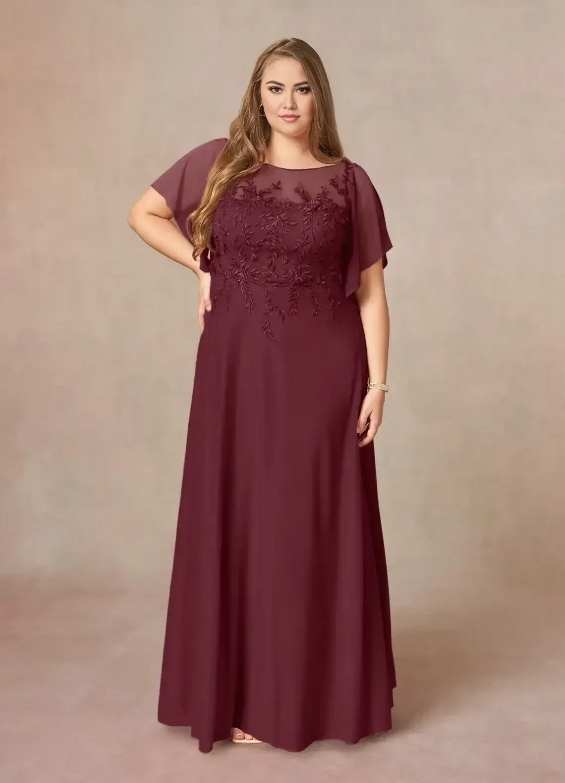 Graceful A Line Crew Neck Chiffon Flutter Sleeve Embroidered Back Plus Size Floor Length Mother of the Bride Dress