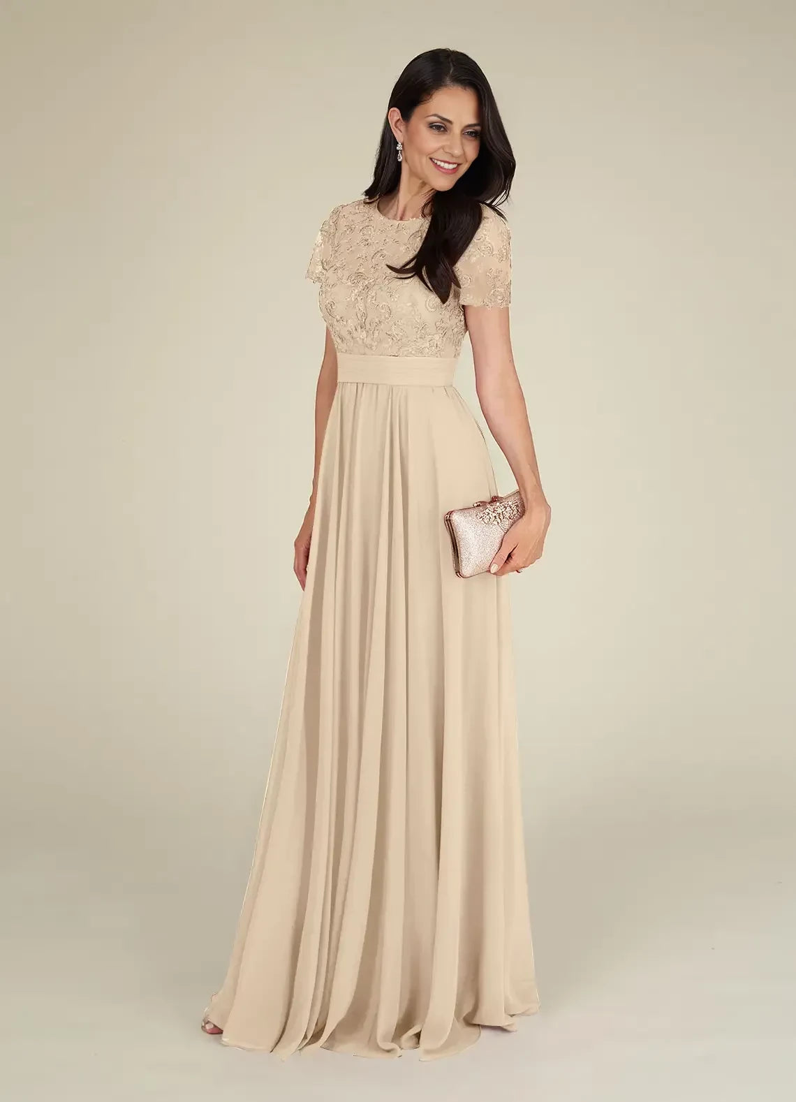 Graceful A Line Crew Neck Lace Short Sleeve Keyhole Back Floor Length Mother of the Bride Dress