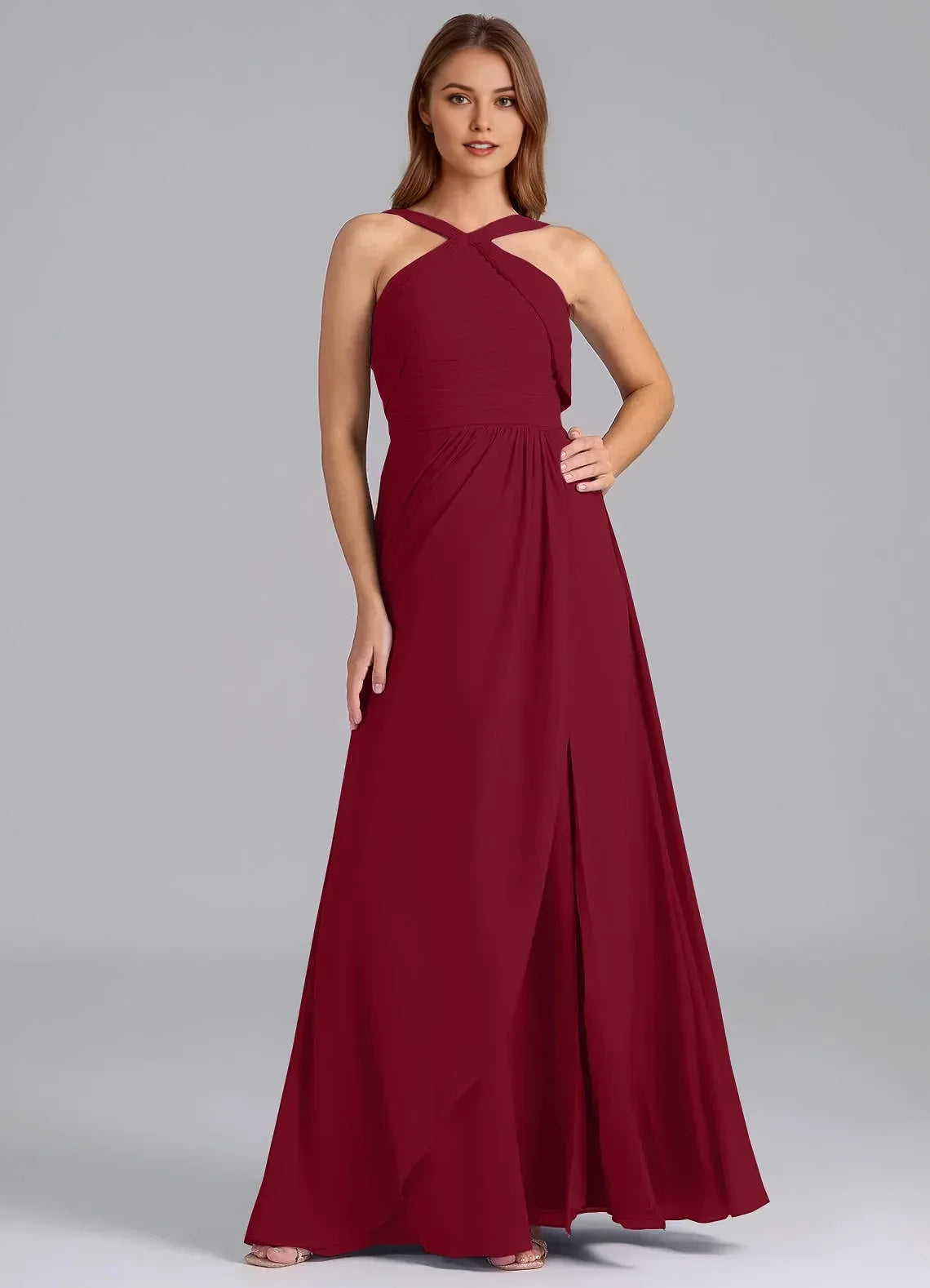Graceful A Line Criss Cross Halter Neck Sleeveless Open Back Floor Length Bridesmaid Dress