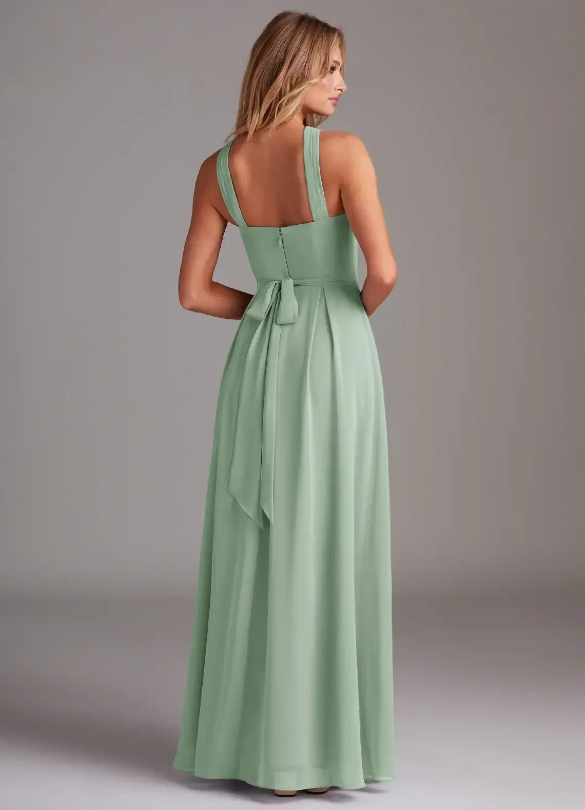 Graceful A Line Criss Cross Neck Sleeveless Bow Back Floor Length Bridesmaid Dress