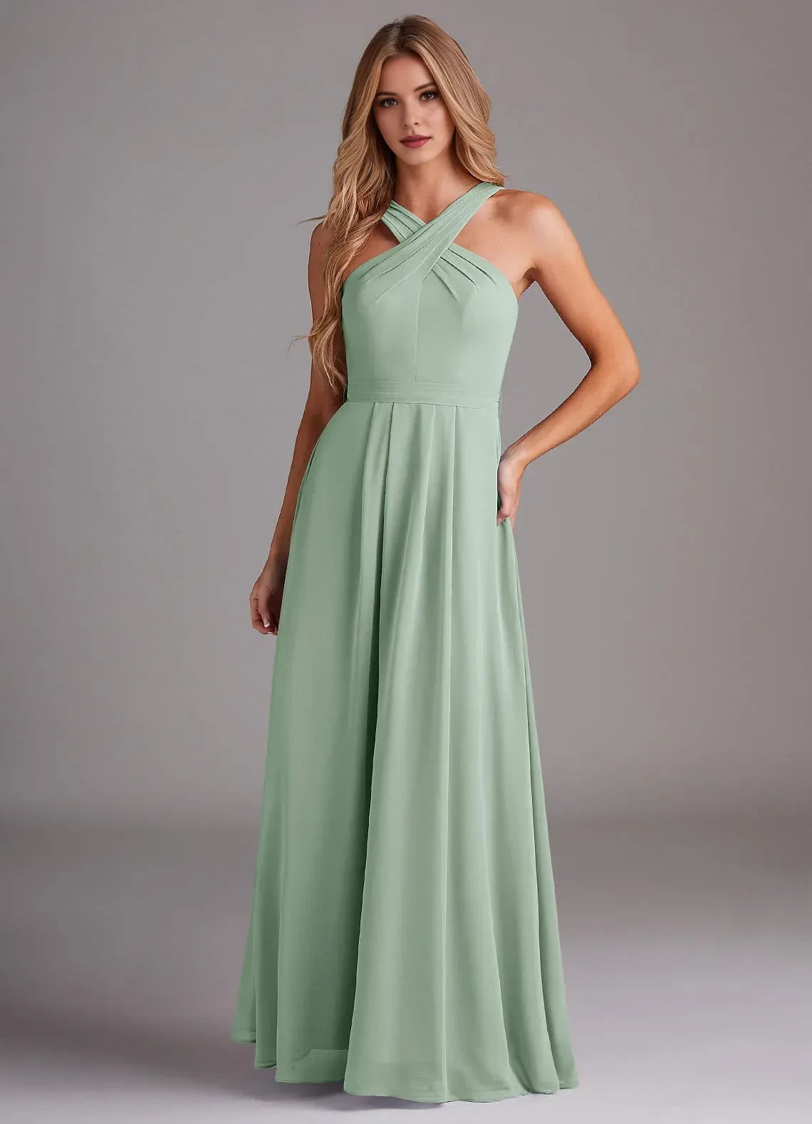 Graceful A Line Criss Cross Neck Sleeveless Bow Back Floor Length Bridesmaid Dress