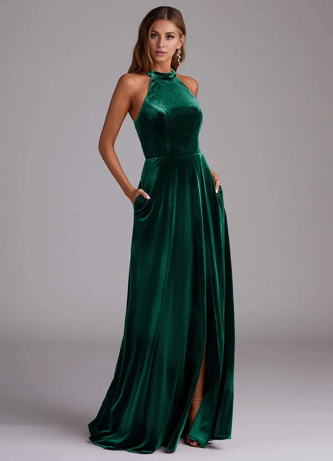 Graceful A Line Halter Neck Sleeveless Keyhole Back Floor Length Bridesmaid Dress
