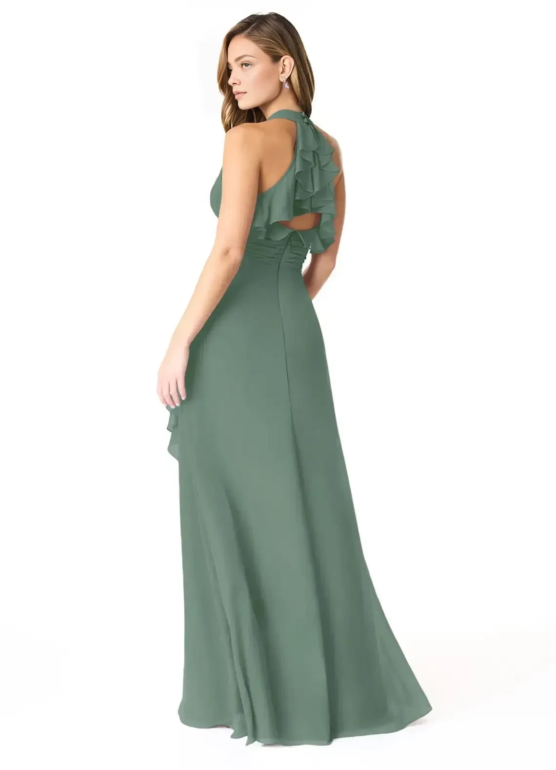 Graceful A Line Halter Neck Sleeveless Ruffled Back Floor Length Bridesmaid Dress