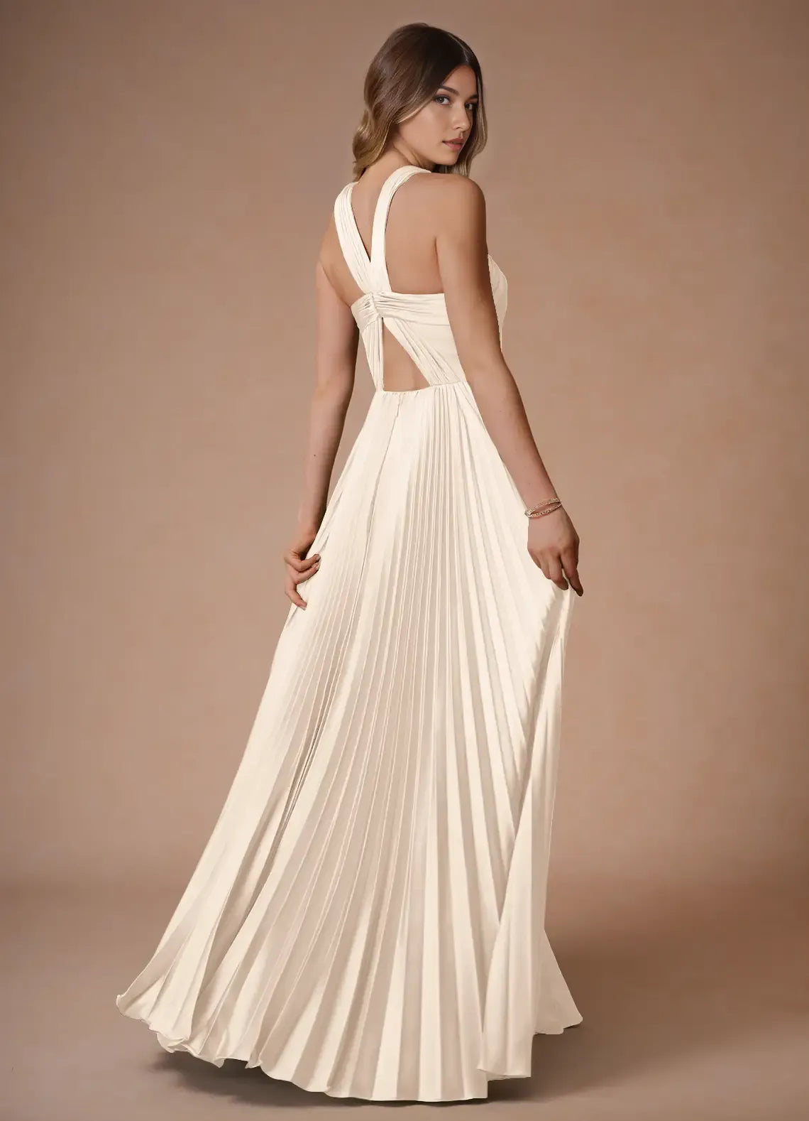 Graceful A Line Halter Neck Sleeveless Twist Back Floor Length For Women Prom Dress
