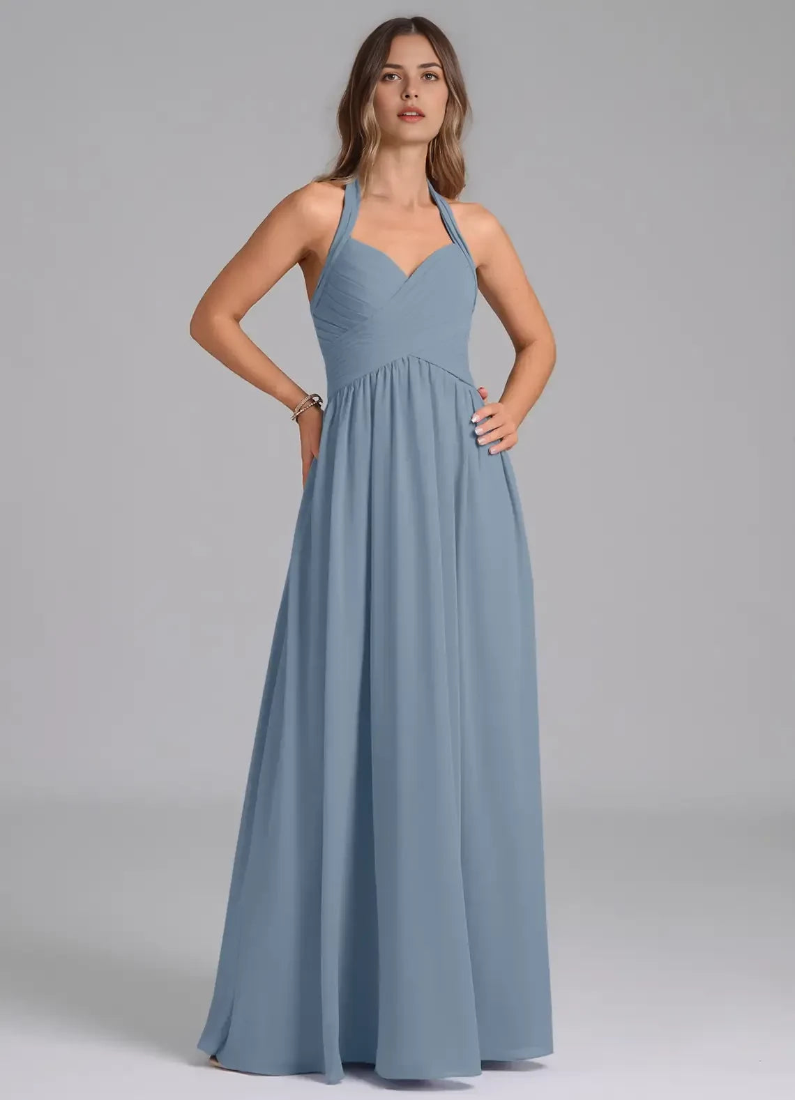 Graceful A Line Halter Neck Sleeveless Zip Back Floor Length Bridesmaid Dress