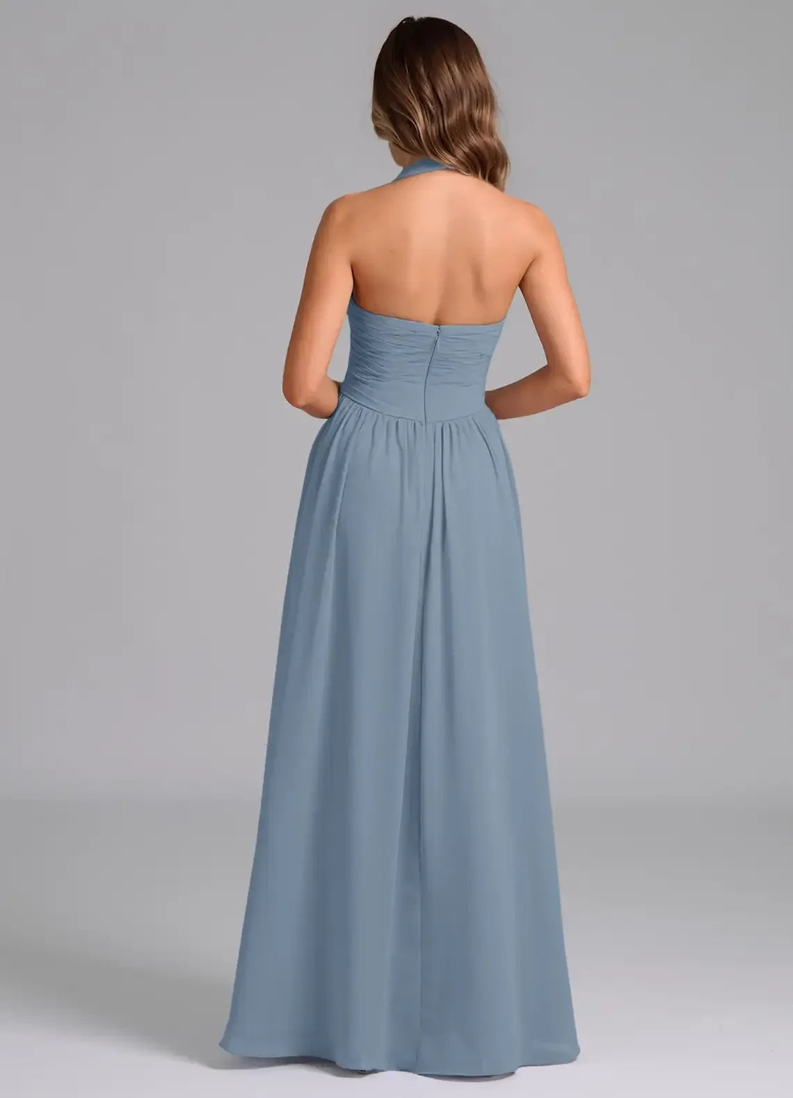 Graceful A Line Halter Neck Sleeveless Zip Back Floor Length Bridesmaid Dress