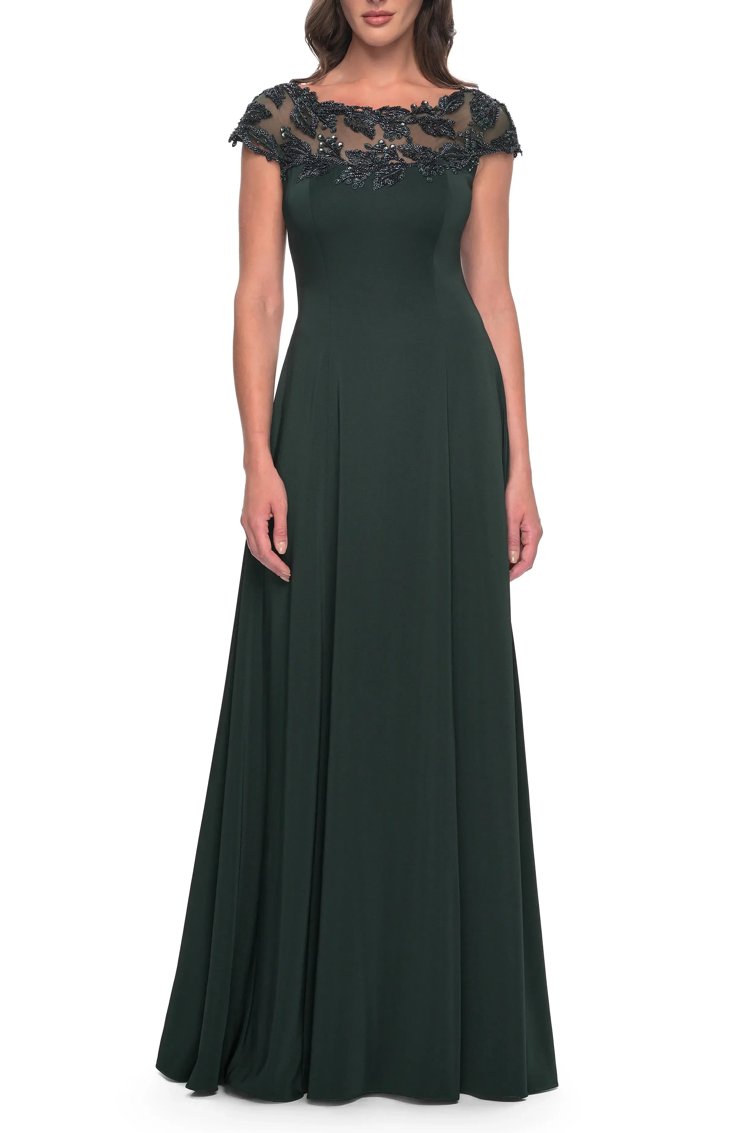 Graceful A Line Illusion Neck Cap Sleeve Zipper Back Floor Length Evening Dress