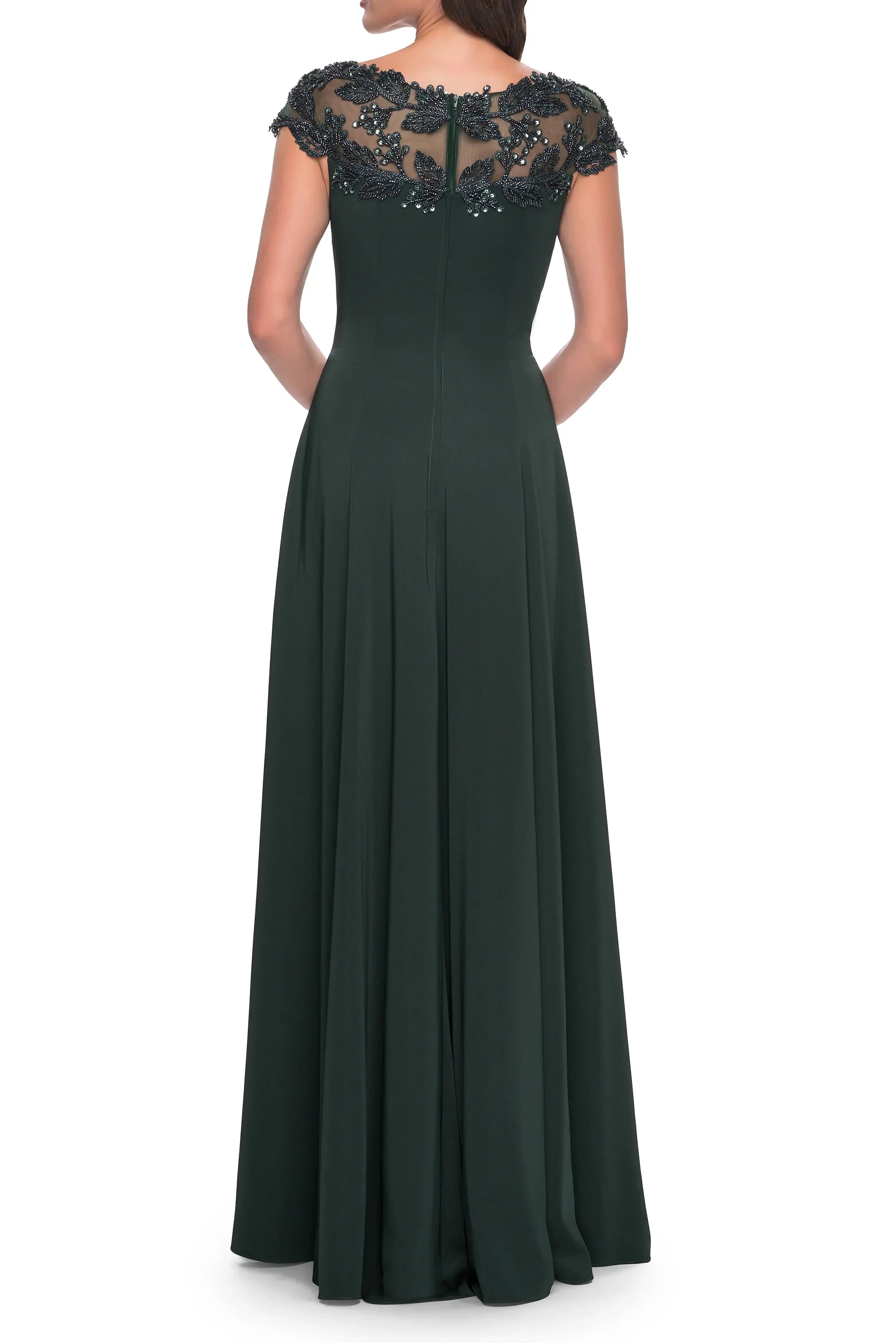 Graceful A Line Illusion Neck Cap Sleeve Zipper Back Floor Length Evening Dress