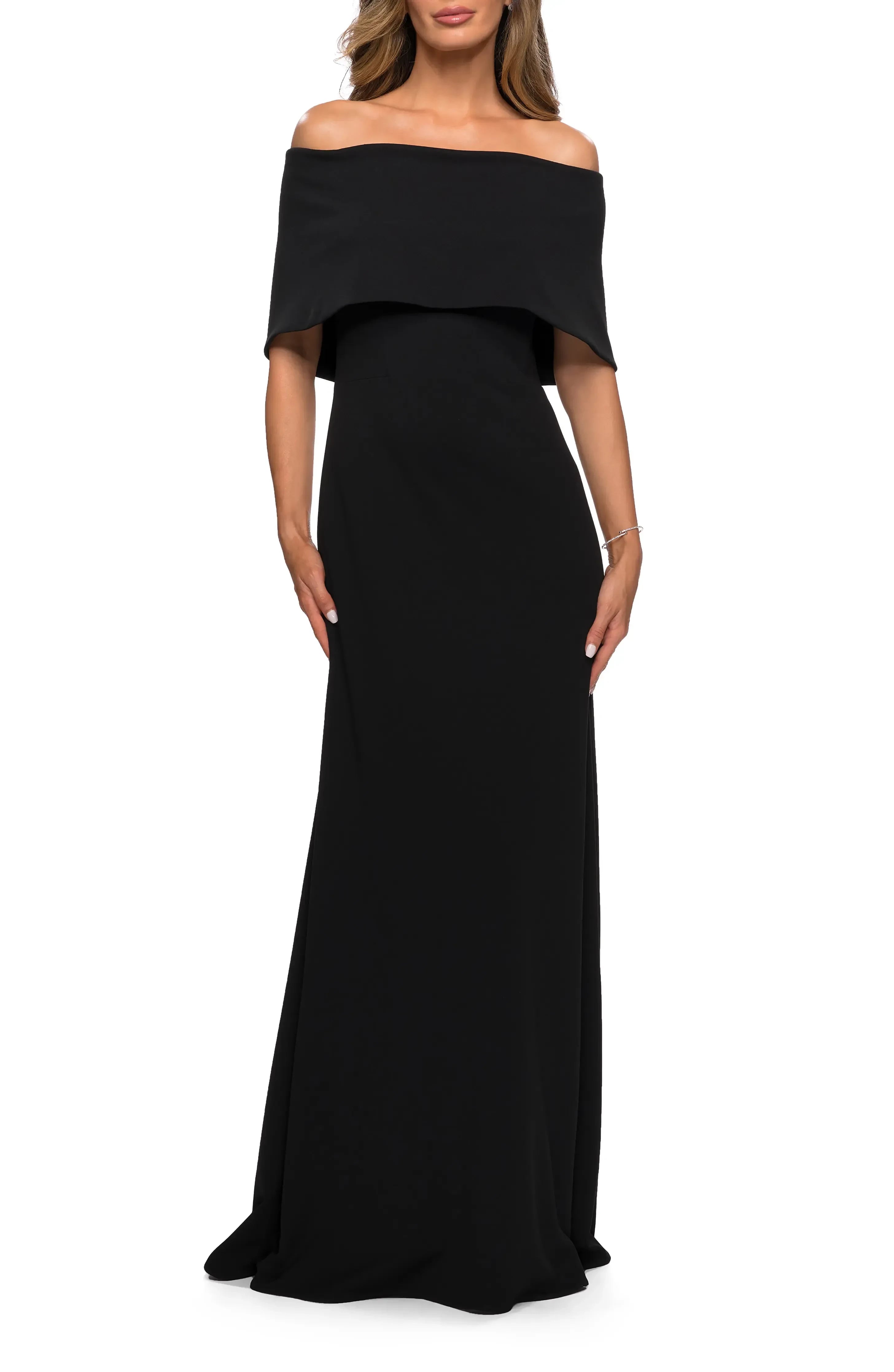 Graceful A Line Off The Shoulder Cape Sleeve Plain Back Floor Length Evening Dress