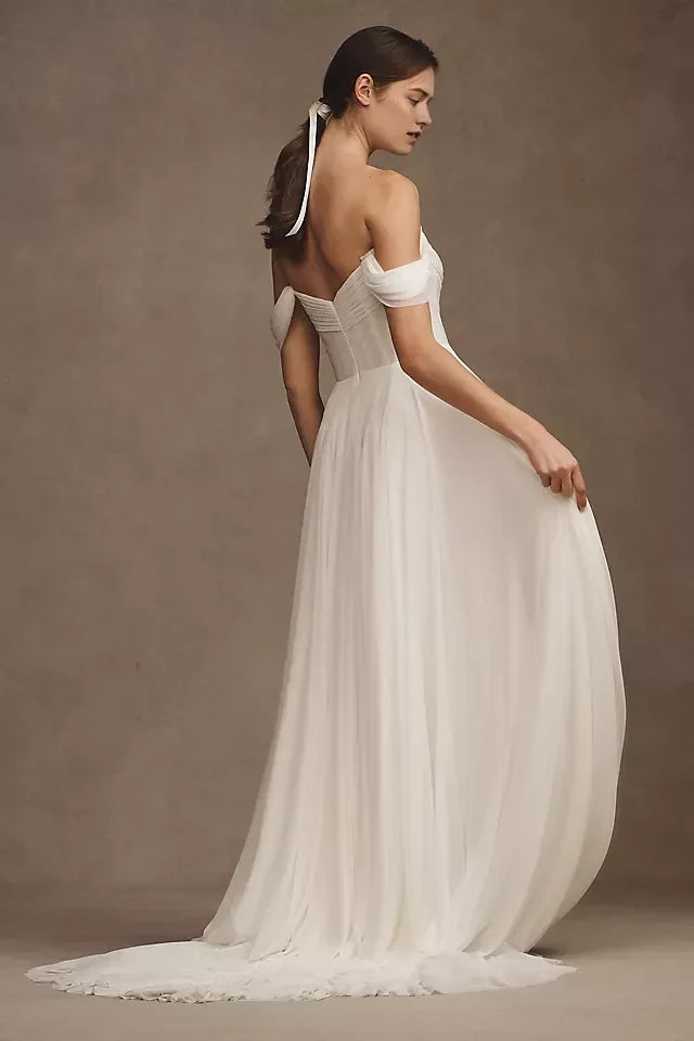 Graceful A Line Off The Shoulder Convertible Sleeve Open Back Floor Length Wedding Dress