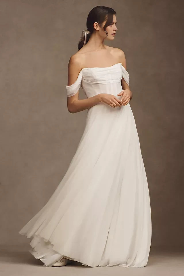 Graceful A Line Off The Shoulder Convertible Sleeve Open Back Floor Length Wedding Dress