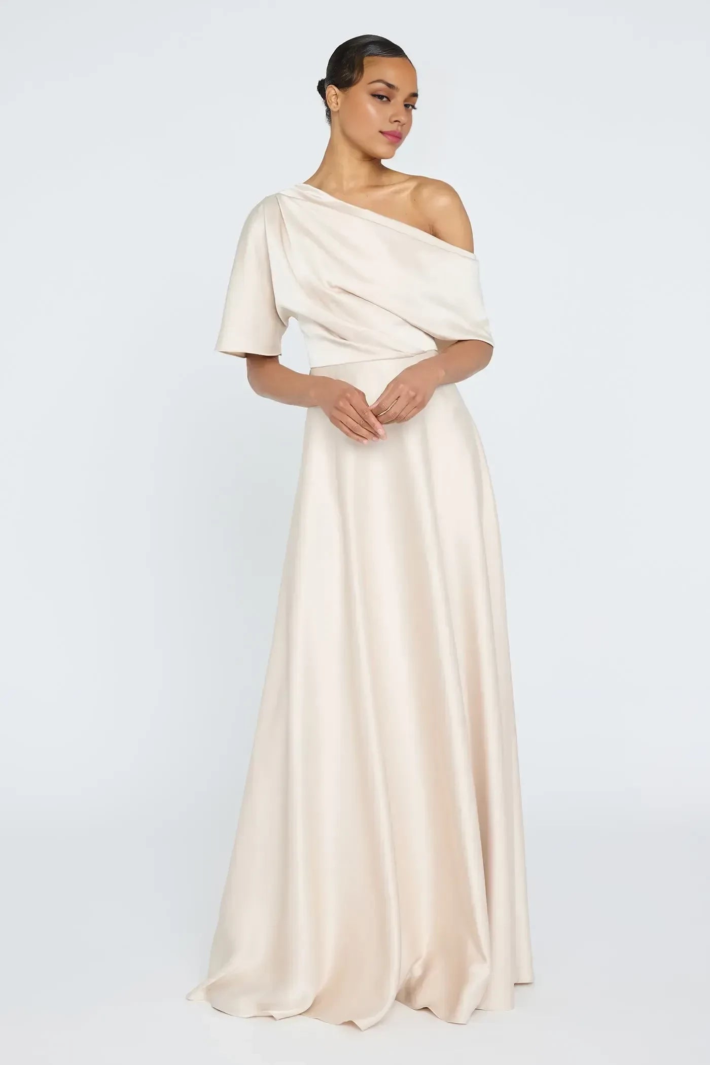 Graceful A Line One Shoulder Short Sleeve Draped Back Floor Length Evening Dress
