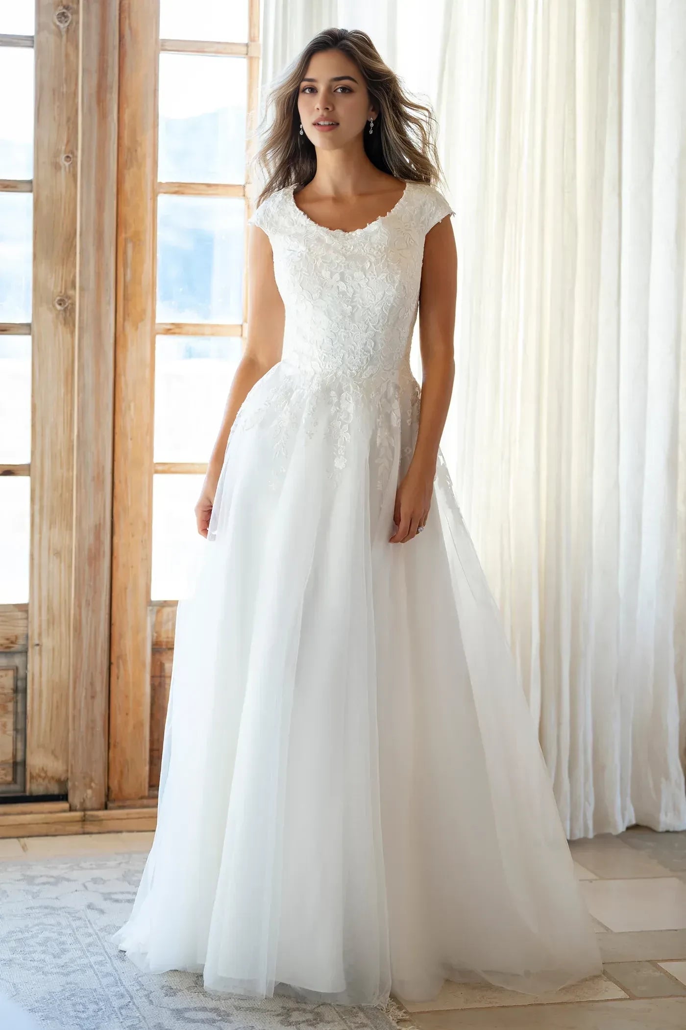 Graceful A Line Scoop Neck Cap Sleeve Button Back Floor Length Wedding Dress