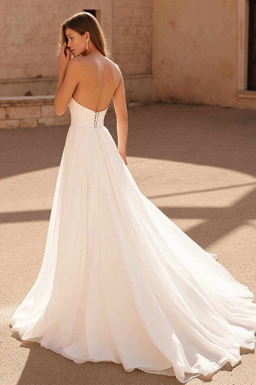 Graceful A Line Strapless Sleeveless Open Back Floor Length Wedding Dress