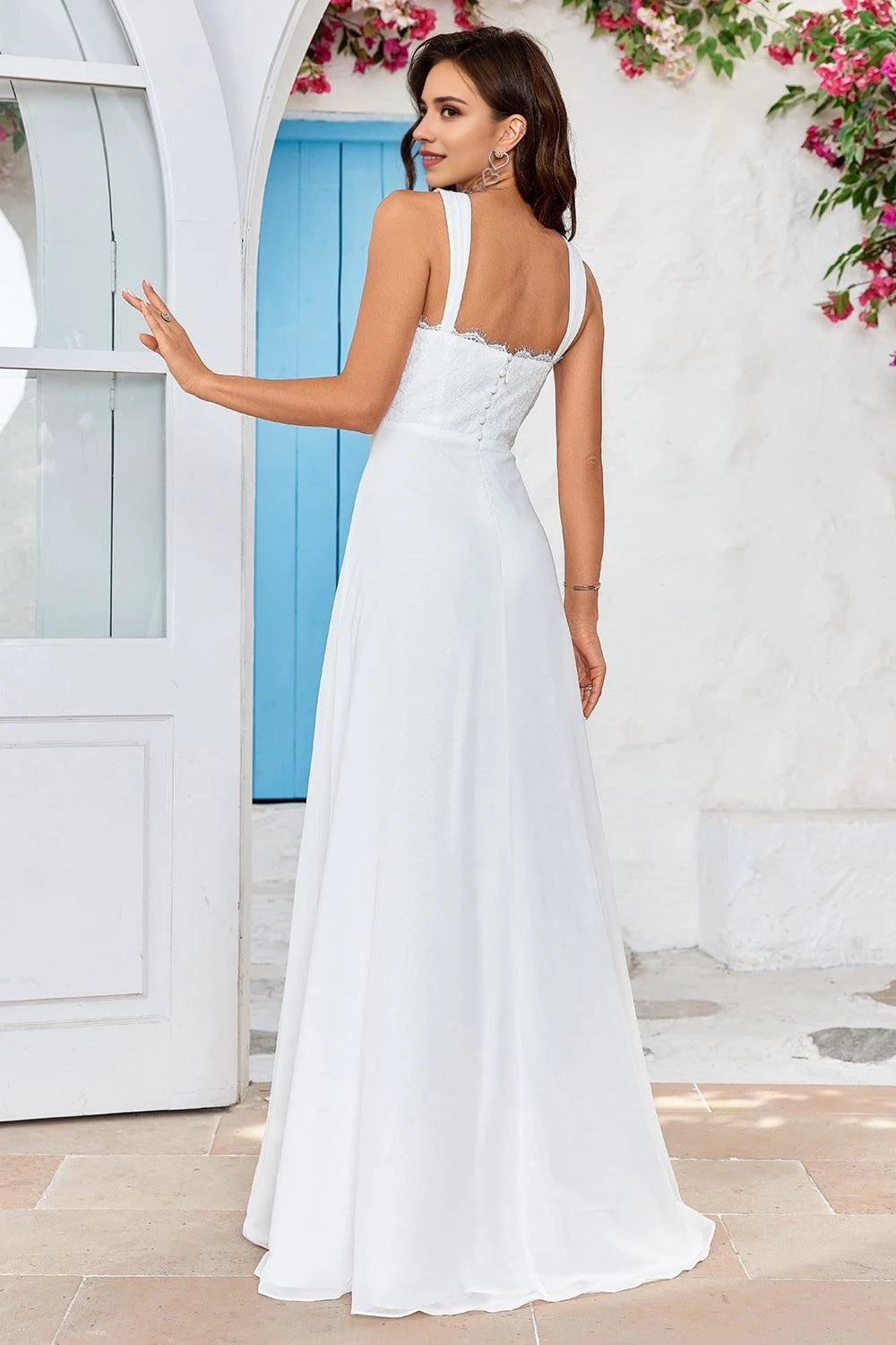 Graceful A Line Sweetheart Square Neck Sleeveless Button Back Maxi Wedding Dress