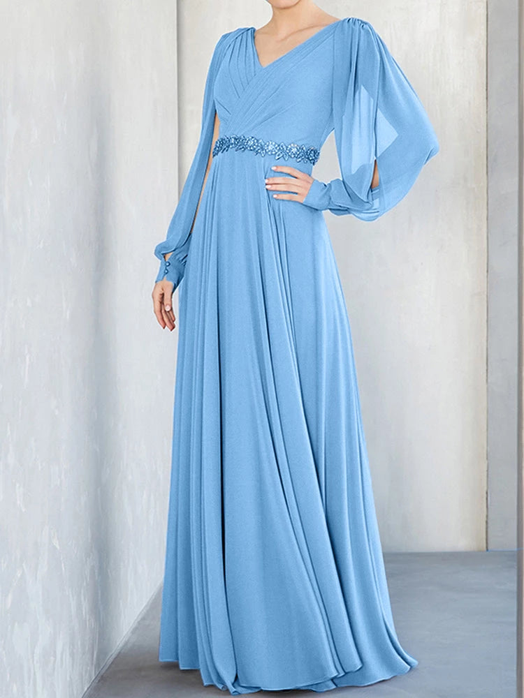 Graceful A Line V Neck Bishop Sleeve Open Back Floor Length Mother of the Bride Dress