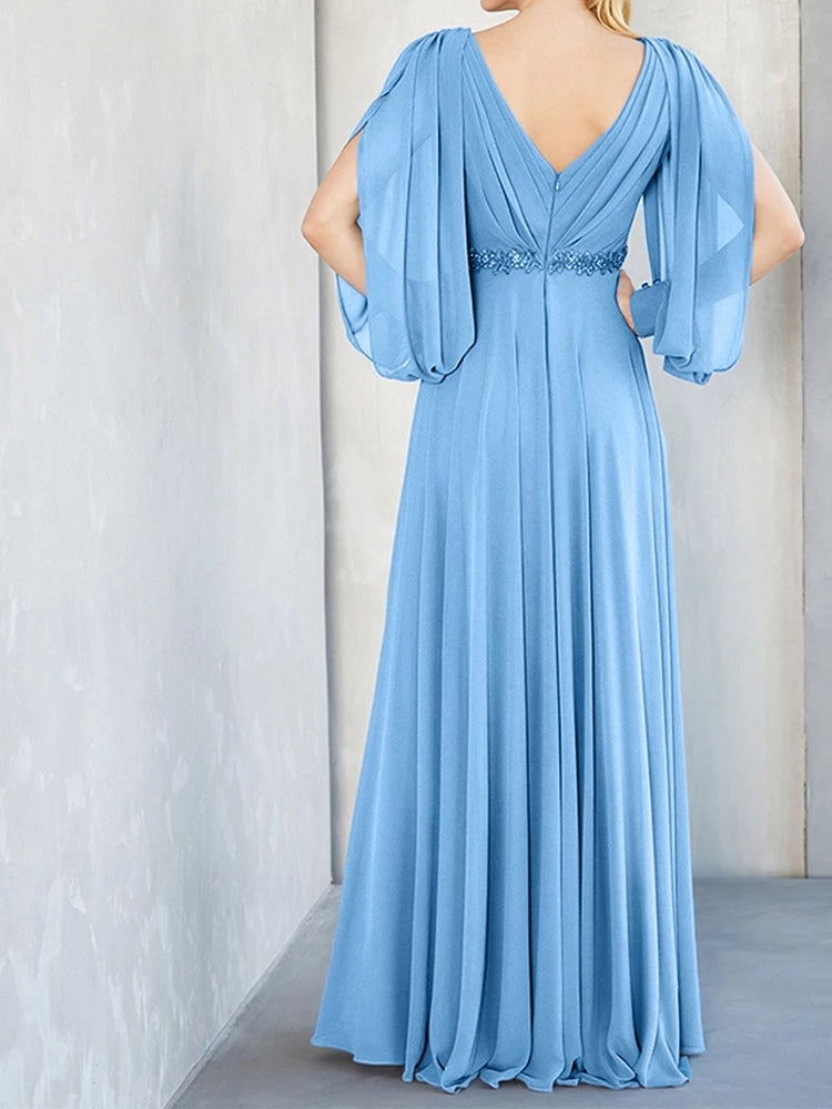 Graceful A Line V Neck Bishop Sleeve Open Back Floor Length Mother of the Bride Dress