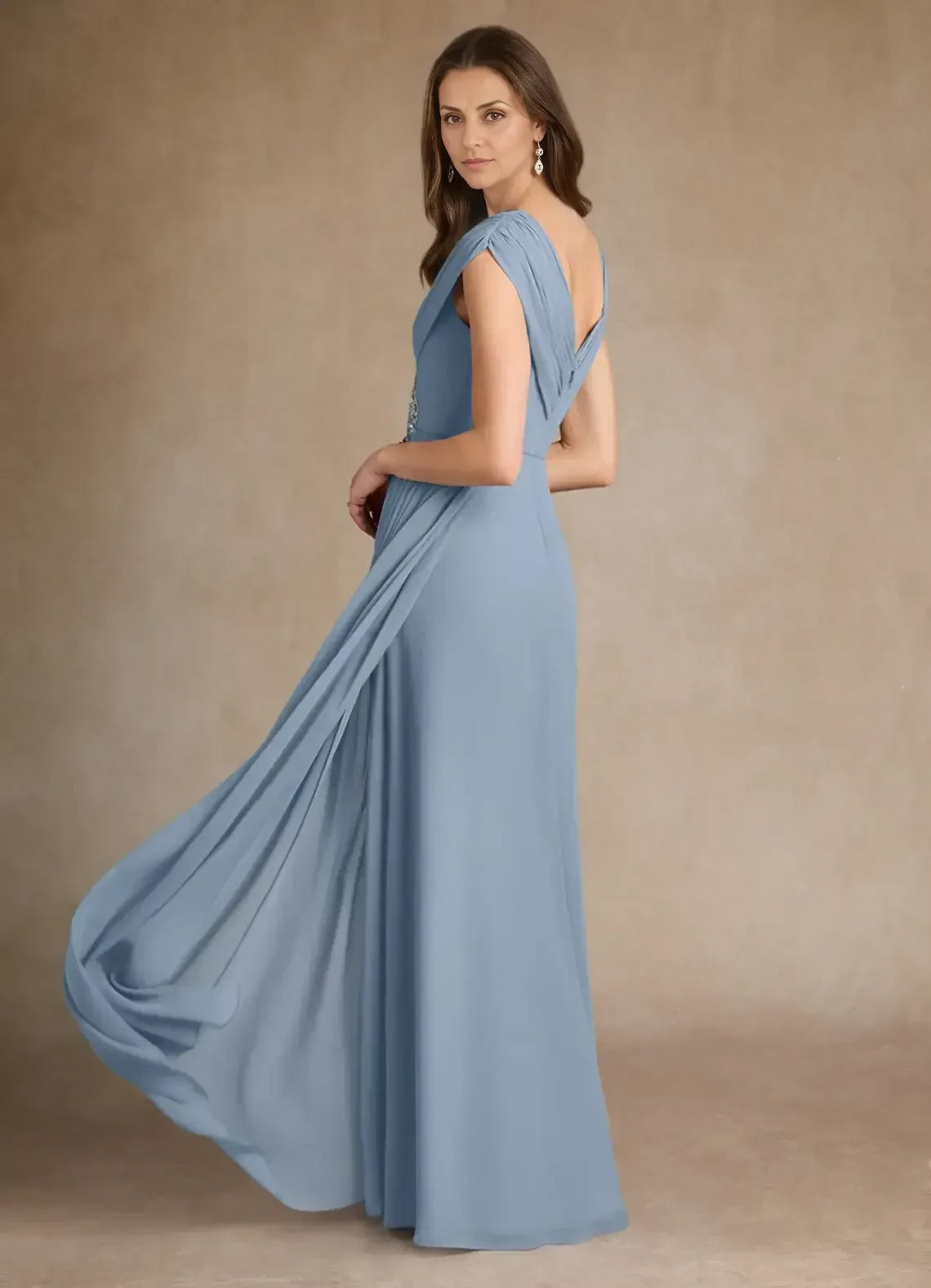 Graceful A Line V Neck Cap Sleeve Zip Back Floor Length Mother of the Bride Dress