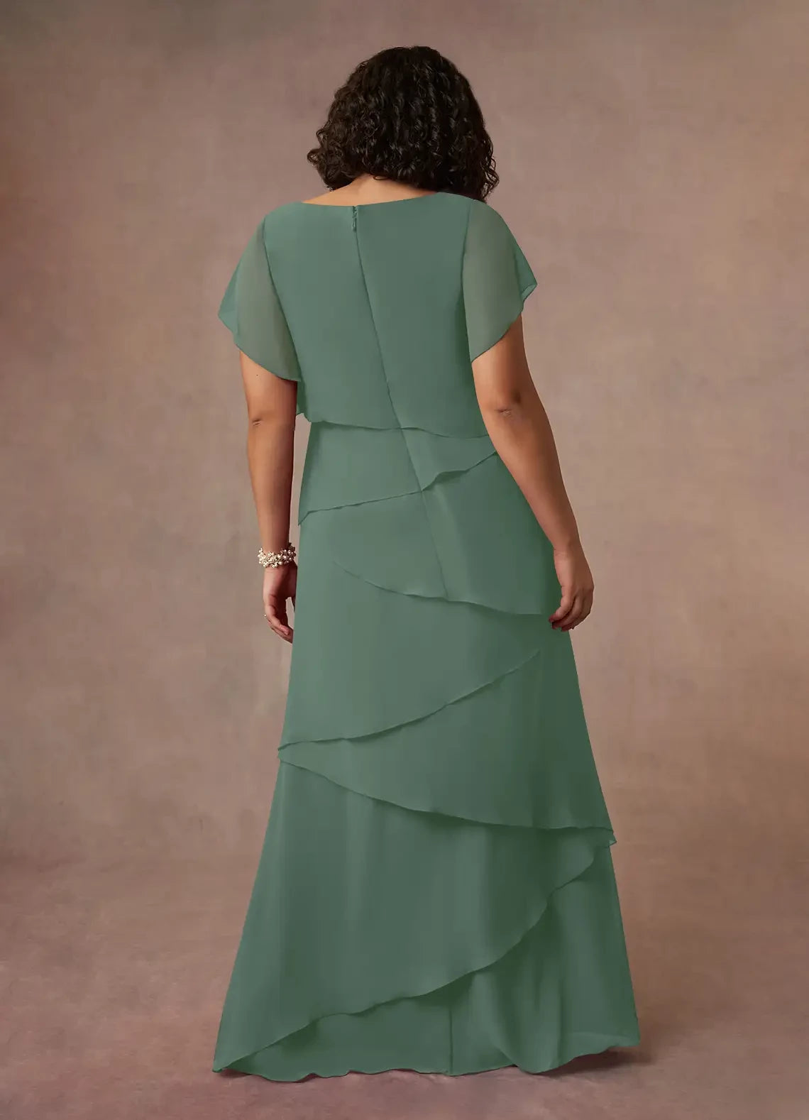 Graceful A Line V Neck Cape Sleeve Zip Back Plus Size Floor Length Mother of the Bride Dress