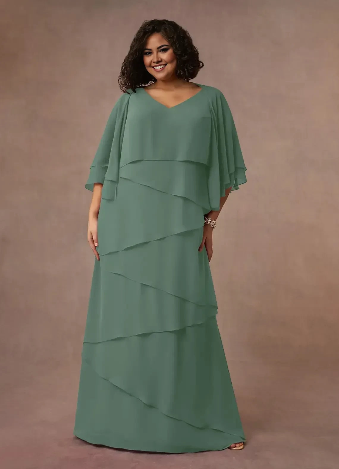 Graceful A Line V Neck Cape Sleeve Zip Back Plus Size Floor Length Mother of the Bride Dress