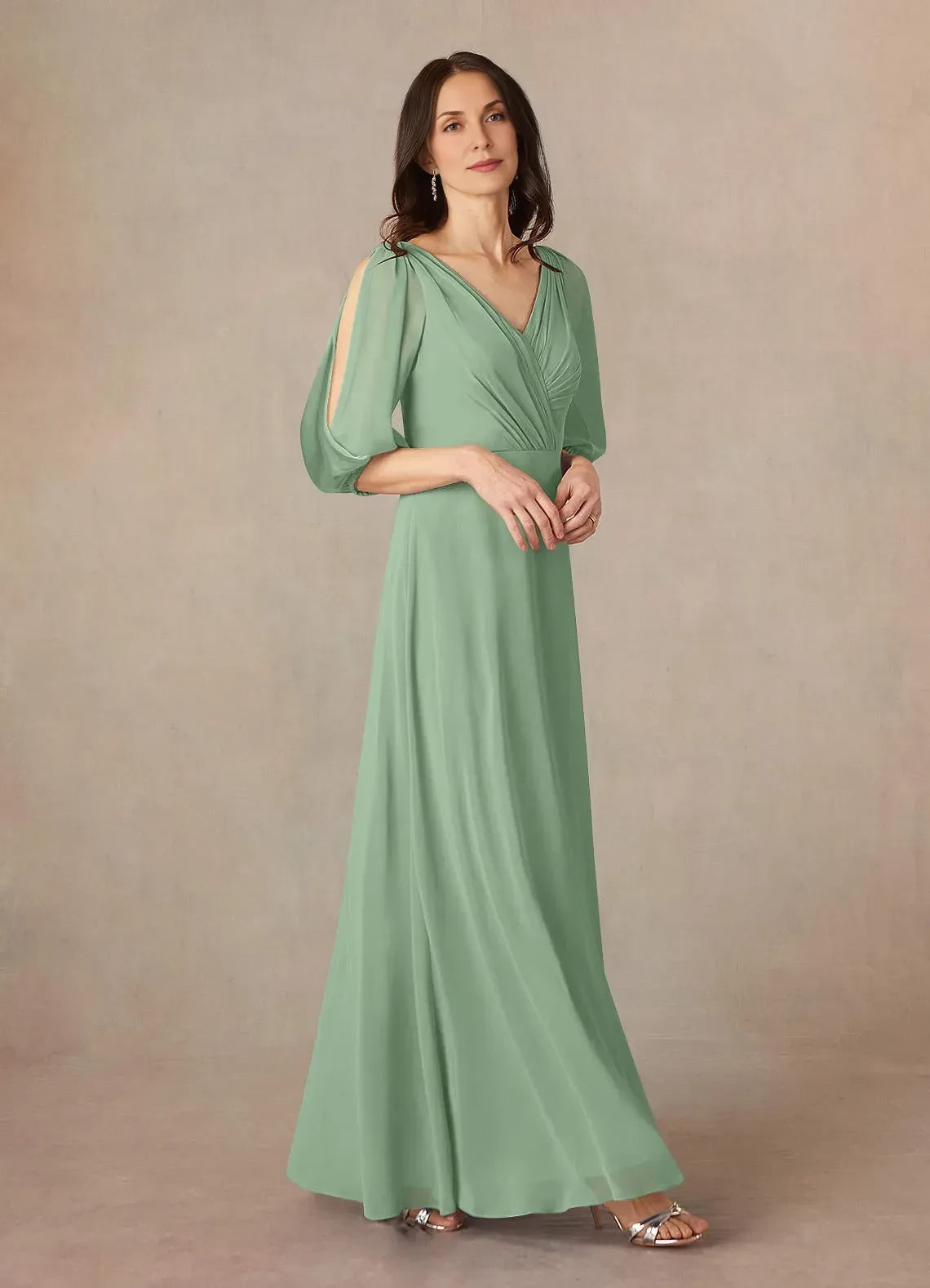 Graceful A Line V Neck Cold Shoulder Three Quarter Sleeve Zipper Back Floor Length Mother of the Bride Dresses