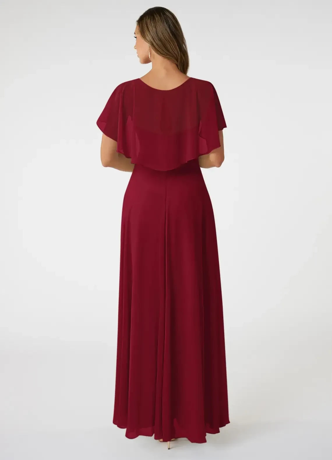 Graceful A Line V Neck Flutter Sleeve Round Back Floor Length Bridesmaid Dress