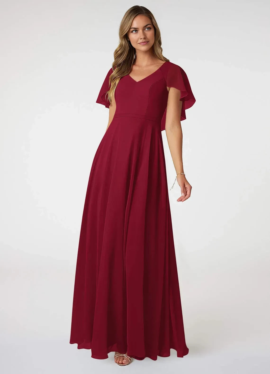 Graceful A Line V Neck Flutter Sleeve Round Back Floor Length Bridesmaid Dress