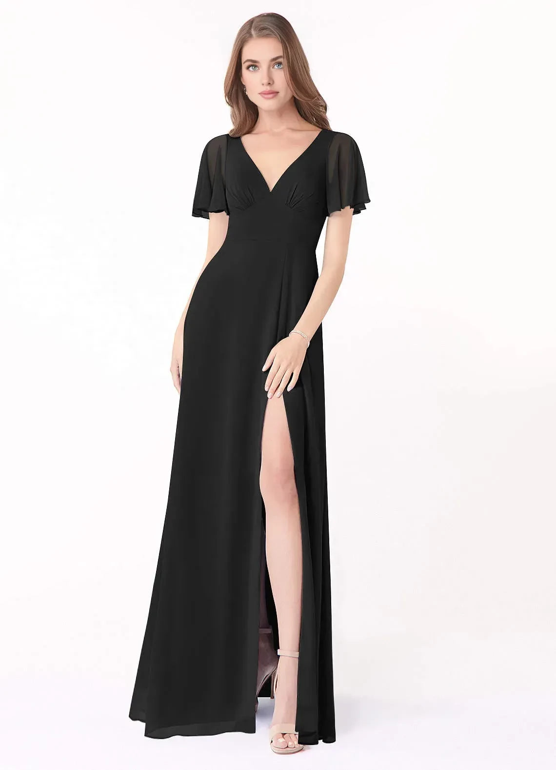 Graceful A Line V Neck Flutter Sleeve Tie Back Floor Length Bridesmaid Dress