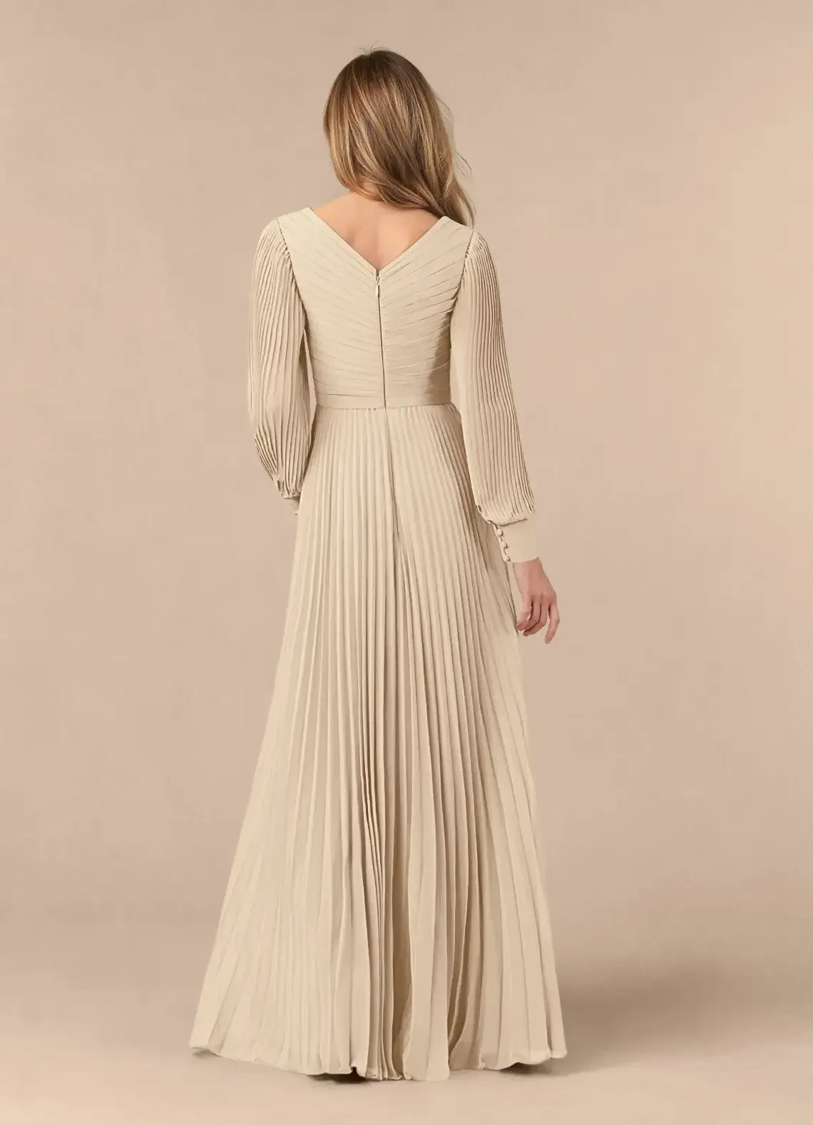 Graceful A Line V Neck Long Sleeve Zip Back Floor Length Mother of the Bride Dress