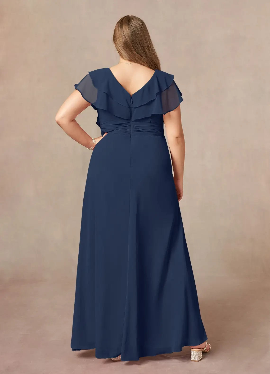 Graceful A Line V Neck Ruffled Sleeve Zip Back Plus Size Floor Length Mother of the Bride Dress ﻿