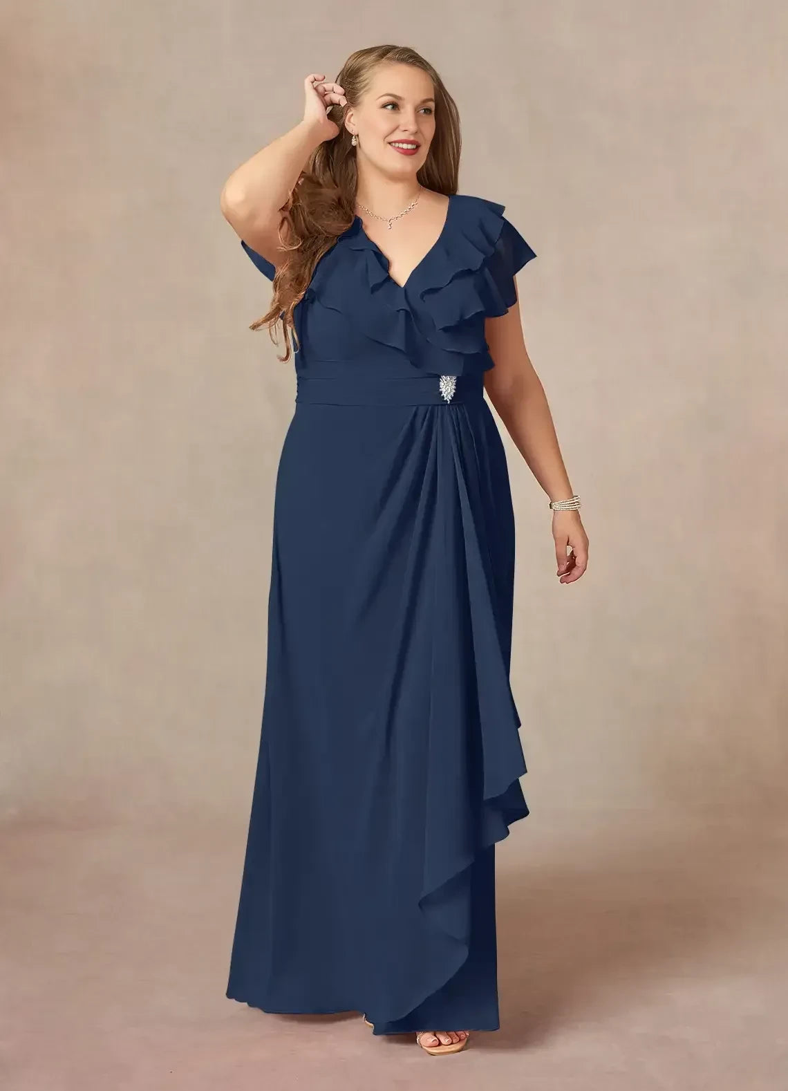 Graceful A Line V Neck Ruffled Sleeve Zip Back Plus Size Floor Length Mother of the Bride Dress ﻿