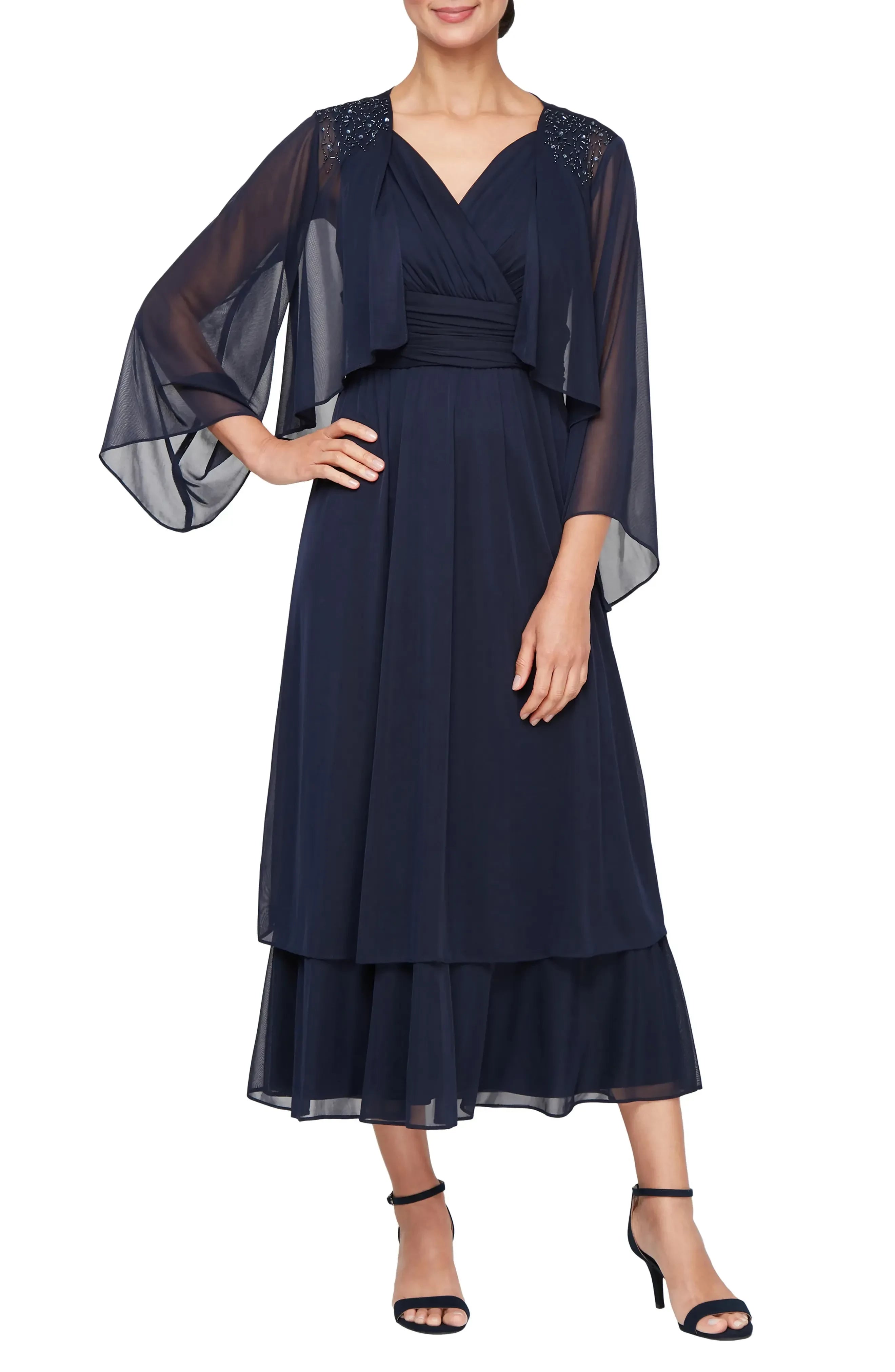 Graceful A Line V Neck Sheer Bell Sleeve Zipper Back Midi Length Evening Dress