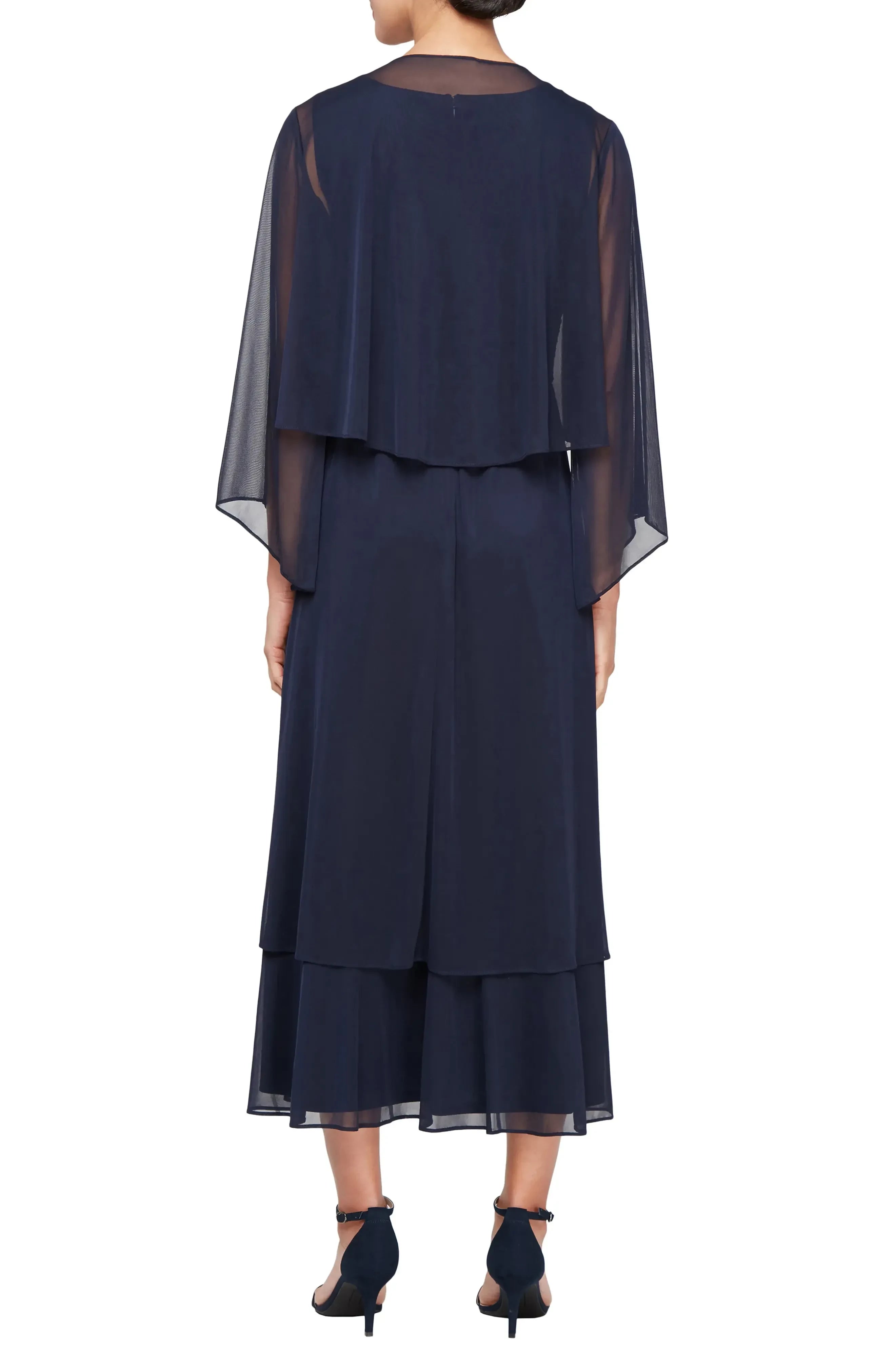 Graceful A Line V Neck Sheer Bell Sleeve Zipper Back Midi Length Evening Dress