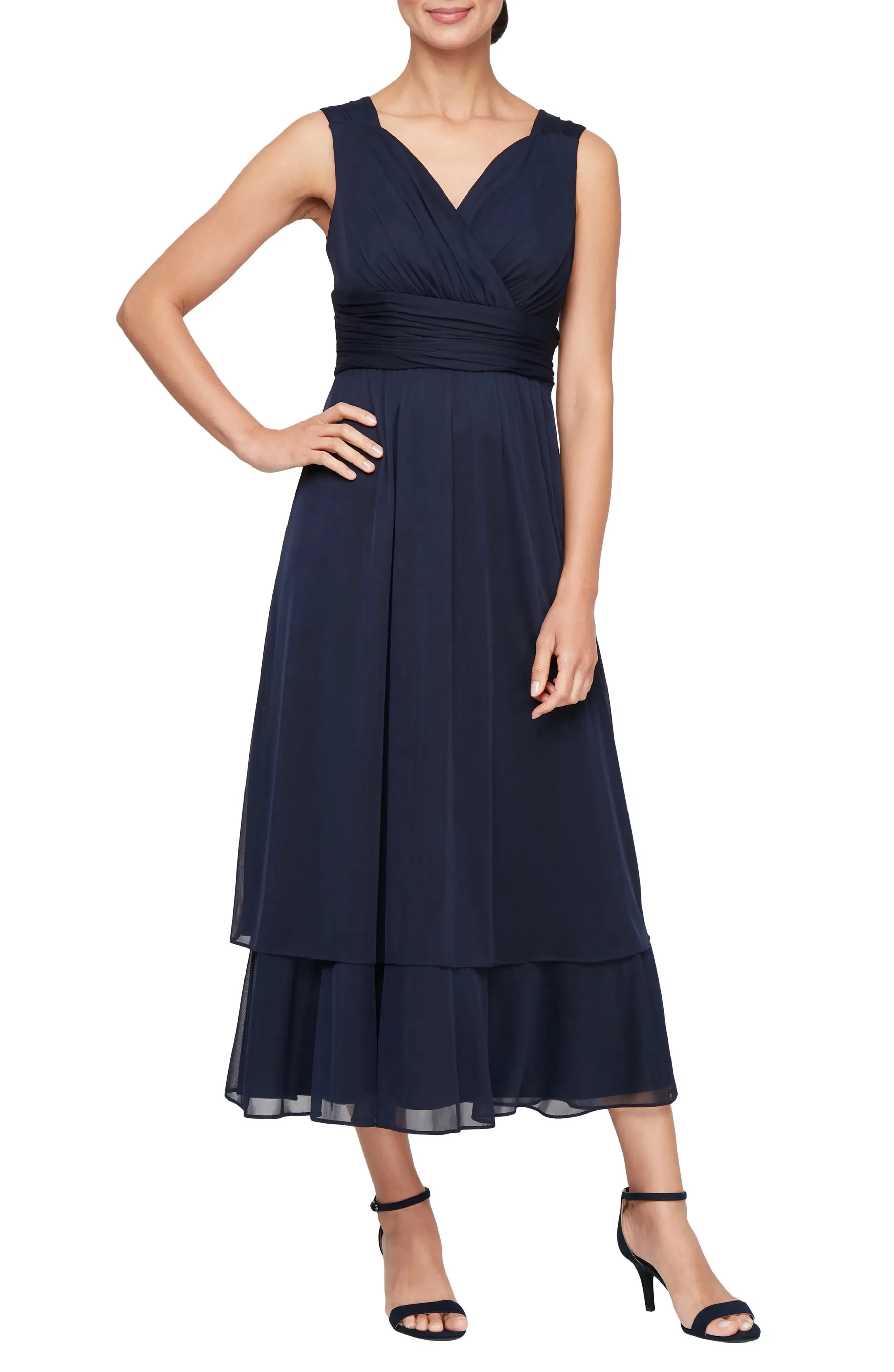 Graceful A Line V Neck Sheer Bell Sleeve Zipper Back Midi Length Evening Dress