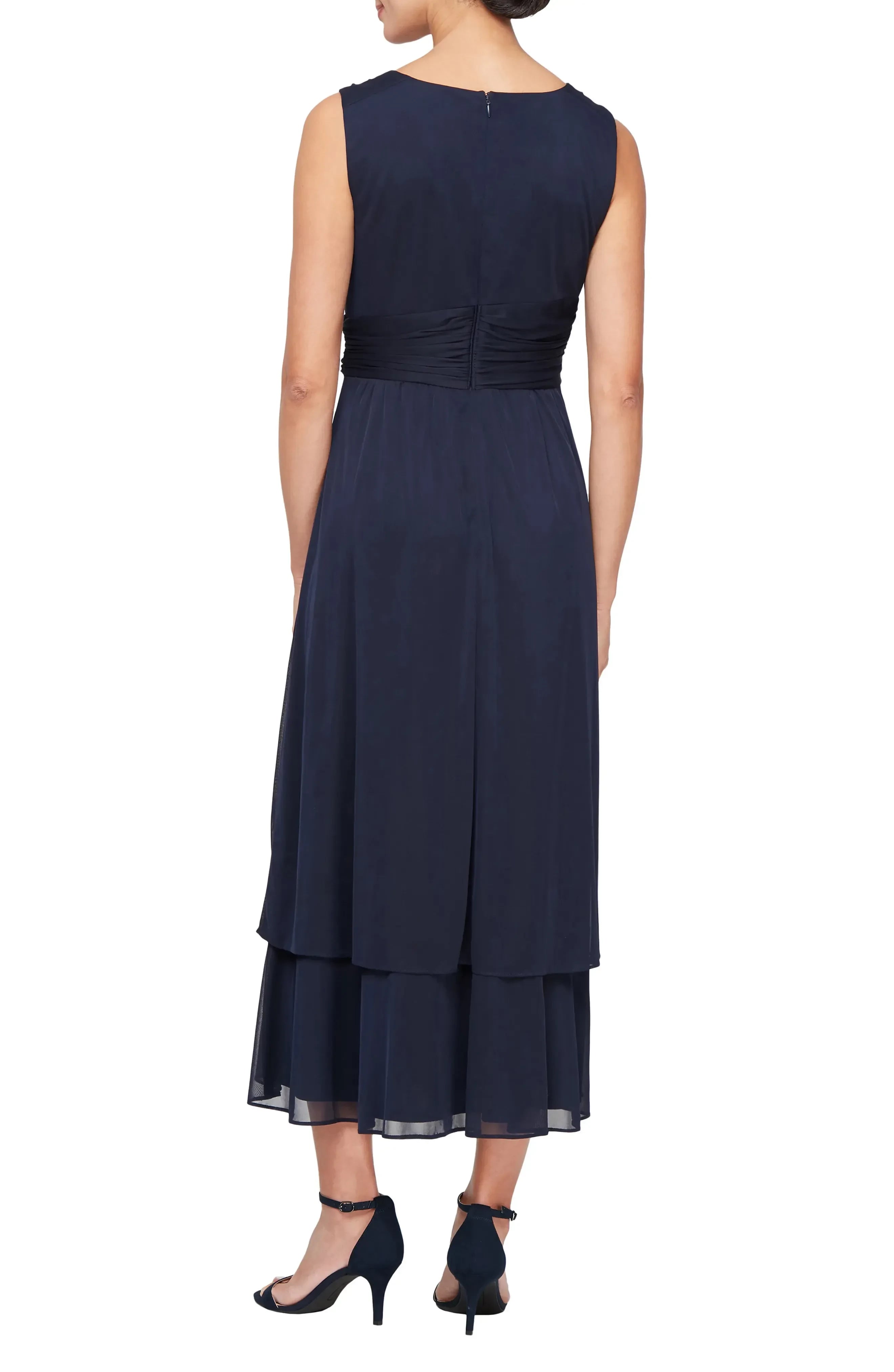 Graceful A Line V Neck Sheer Bell Sleeve Zipper Back Midi Length Evening Dress